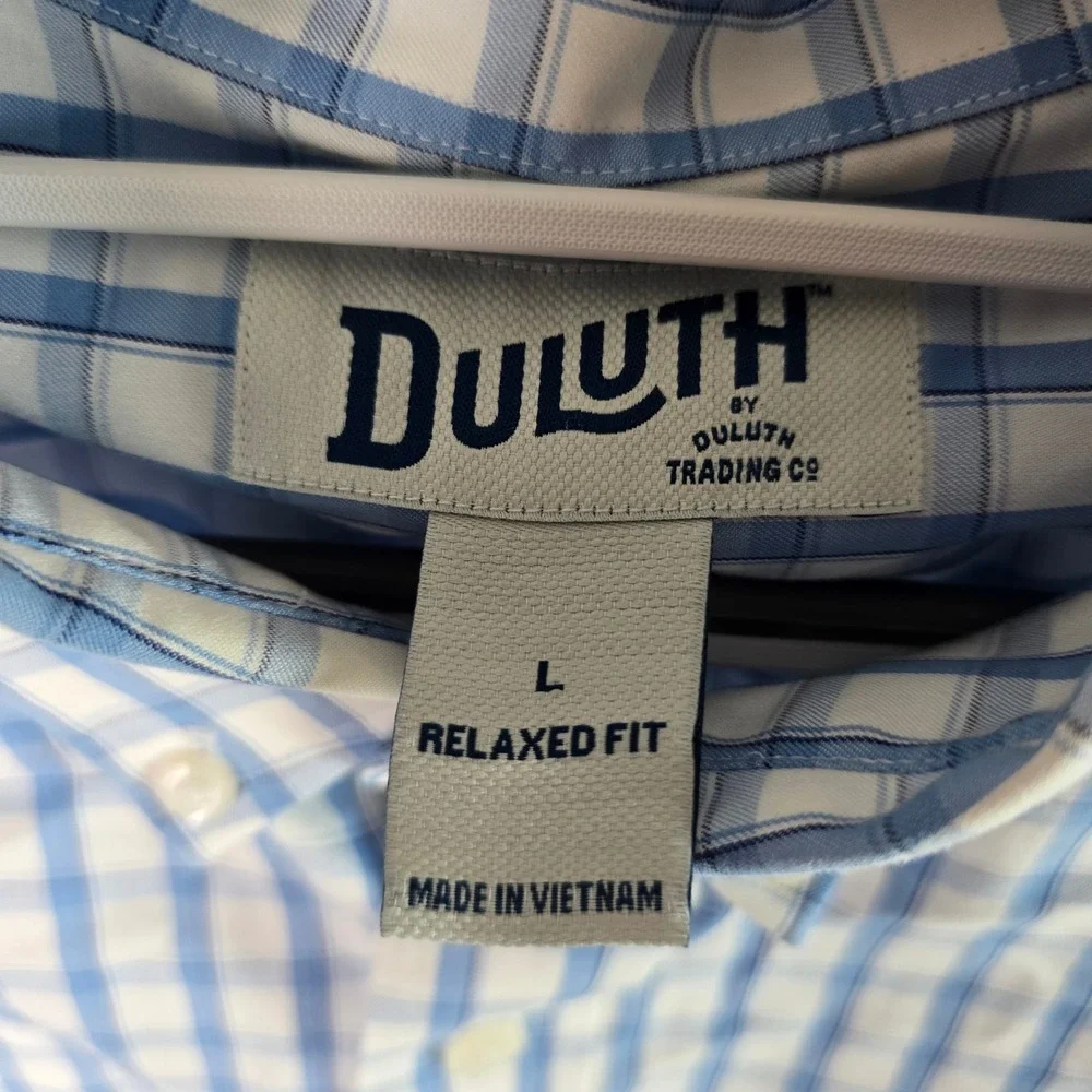Duluth Trading Co Mens Relaxed Fit Plaid Button Down Shirt Blue‎ White Large L